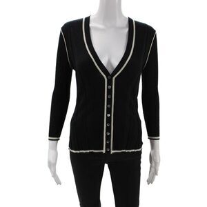 JED Womens Cashmere Ribbed Knit V-Neck Button Up Cardigan Sweater Black Size S